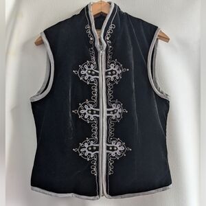 Double D Ranch Black Velvet Grey Cord & Silver Stud Detail Full Zip Vest - M